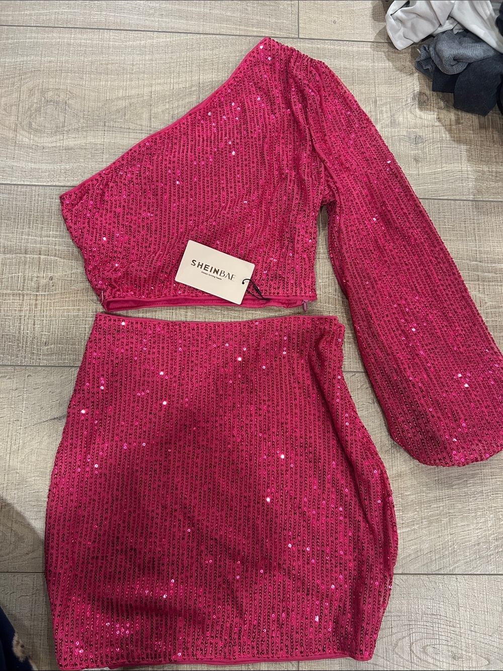SHEIN Hot Pink Sequin One-Shoulder Two-Piece Set